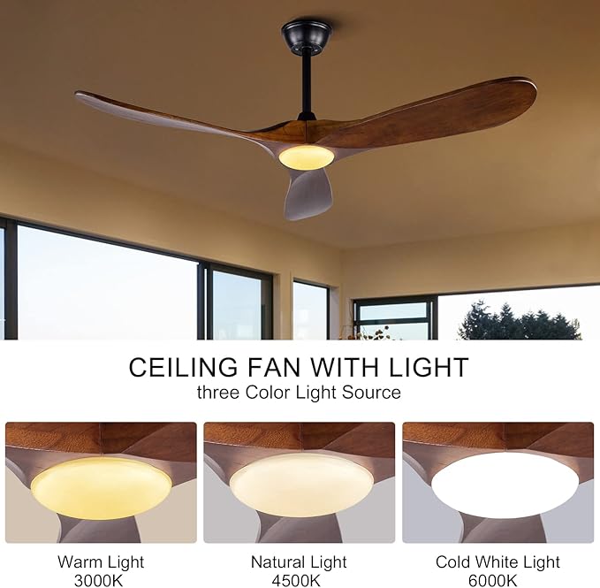 BOJUE 52 Inch Indoor Outdoor 3 Wooden Blades Remote Control with Light Modern Ceiling Fan for Terrace Living Room Bedroom (Deep Walnut Blades)