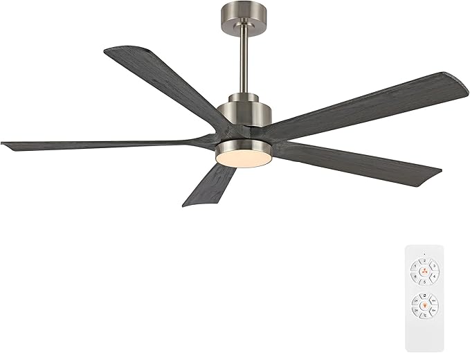 52" Modern Ceiling Fan with Lights and Remote Control, 5 Solid Wood Blades 6-Speed Noiseless Reversible DC Motor, Ceiling Fan for Bedroom Dinning Living Room, Nickel Finish with Wood Blades
