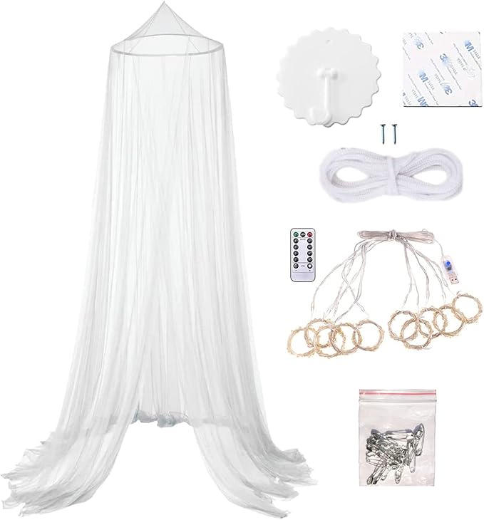 Eimilaly Bed Canopy Mosquito Net with 250pcs Warm Curtain Lights, Bed Canopy for Girls Room Decor or Theme Party, White/Warm Lights