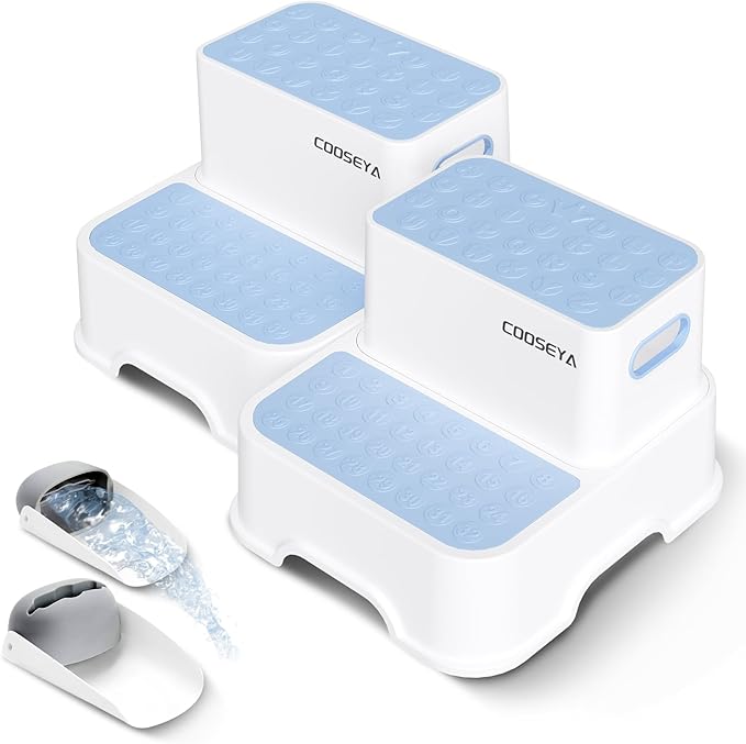 2 Step Stools for Kids,Toddler Step Stool for Bathroom Sink,No-Slip Double up Step Stool for Toddlers Bathroom, Multifunctional Toilet Step Stool for Kids,Toilet Potty Training(2 Packs)（Blue）