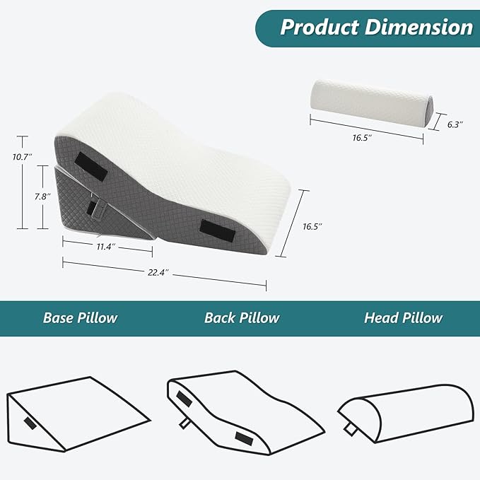 3 PCS Upgraded Bed Wedge Pillow for Sleeping - 35D Post Surgery Pillow for Back Leg Pain Relief - 16.5" Wide Wedge Pillows for After Surgery for Acid Reflux & GERD & Snoring(White Grey)