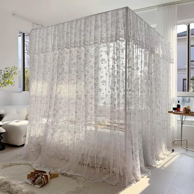 Elegant Princess 4 Corner Post Mosquito Net Romantic for Girls Women Bed Curtain Canopy for Adult Wedding Bedroom Kids Rooms Decoration (Type2-Beige-White, King)