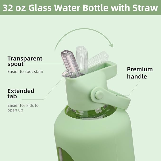 32 oz Glass Water Bottles with Straw Borosilicate Glass Water Bottle with Time Marker Motivational Water Bottles with Silicone Sleeve Leak Proof Reusable BPA Free