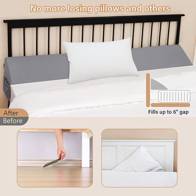 Vekkia Dual Density Bed Wedge Pillow/Mattress Gap Filler/Headboard Pillow/Pillow Wedge for Headboard Gap/Bed Gap Filler,Close Gap(0-6") Between Your Mattress and Headboard,Gray(King)