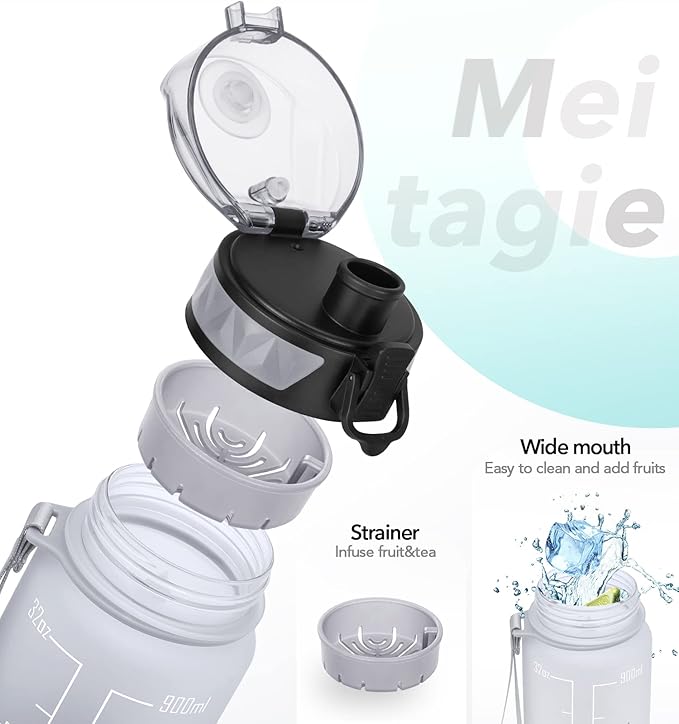 32oz/26oz Motivational Water Bottle with Time Marker & Fruit Strainer, Leak-proof BPA Free Non-Toxic 1l Bottle with Carrying Strap, Perfect for Fitness, Gym and Outdoor Sports, Plastic