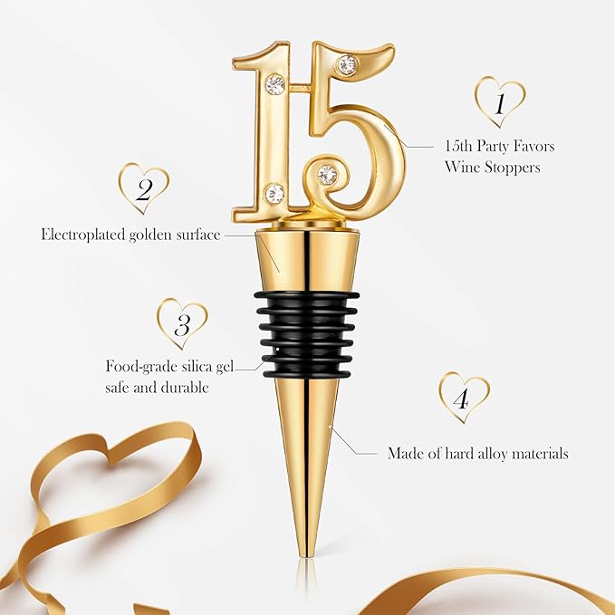 24-Pack 15 Wine Bottle Stopper for 15th Birthday Party Favors, Quinceañera Party Favors - 15 years old Wedding Anniversary Souvenirs or Decorations, Gift for Guests