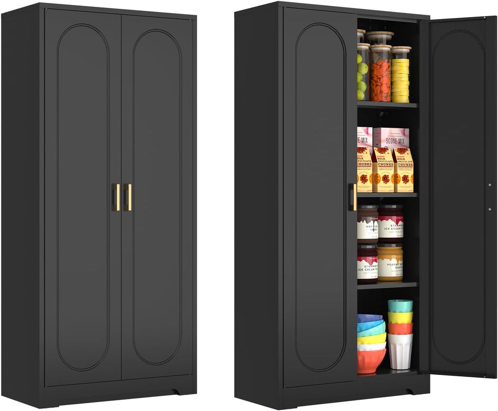 60" Tall Kitchen Pantry Cabinet, Metal Pantry Cabinet with Doors and Adjustable Shelves, Black Utility Storage Cabinet with Handles for Dining Room, Bathroom, Laundry Room - Assemble Required
