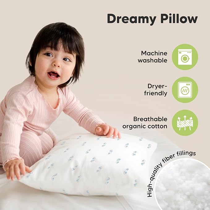 2-Pack Toddler Pillow - Soft Organic Cotton Toddler Pillows for Sleeping - 13X18 Small Pillow for Kids - Kids Pillows for Sleeping - Kids Pillow for Travel, School, Nap, Age 2 to 5 (Roadsters)