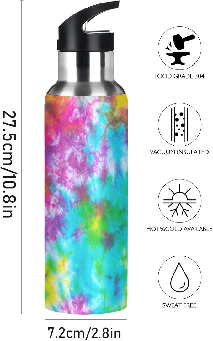 22 OZ Colorful Tie Dye Pattern Water Bottle with Straw - BPA Free Leakproof Stainless Steel Water Bottle for Women Men Water Jug for Fitness Gym Outdoor Sport