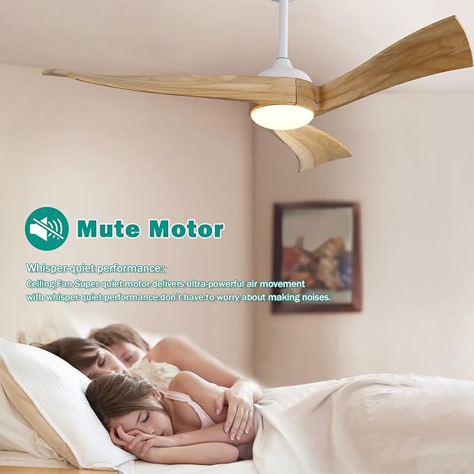 Sofucor 52" Ceiling Fans with Lights Remote Control, 3 Poles for Wave Modern Ceiling Fan with Remote, Outdoor Ceiling Fan for Patios with 6 Speeds and Dimming Lighting, Light Wood Grain