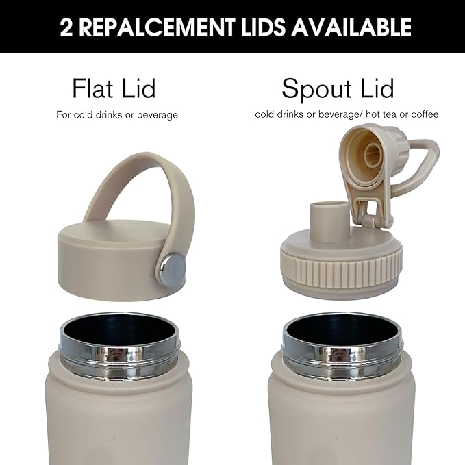 22oz Insulated Water Bottle ，Stainless Steel Sports Water Cup Flask with 2 Lids, Wide Mouth Travel Thermal Mug,Outdoor Sports Bottle（Cream apricot）