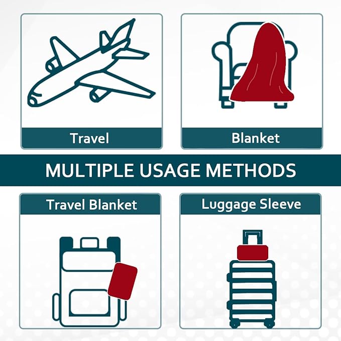 Vessia Travel Blanket for Airplane, Train and Car, Warm and Soft Travel Blanket in Bag for Adults and Kids, Portable Compact Long Flight Blanket with Luggage Sleeve, Backpack Clip(Red)