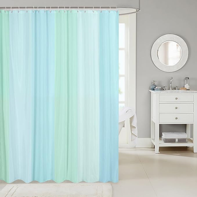 Feelyou Blue Green Stripe Shower Curtain Geometric Fabric Shower Curtain for Kids Simple Modern Bathroom Waterproof Accessories with 12 Hooks Women Men Fresh Style Curtains,72x78 Inches