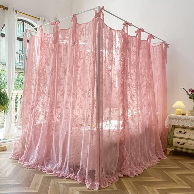 Mengersi Canopy Bed Curtains with Tie Backs,Princess Bed Canopy Curtains Bed Drapes Sheer Curtains for Bedroom Decor（King,Pink