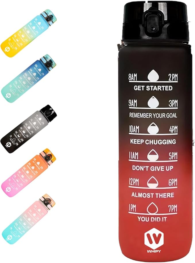 32 oz Water Bottle with Time Marker- Leak-Proof & BPA Free Reusable Gym Water Bottle - Easy to Carry Motivational Water Bottle for Fitness, Sports, Outdoor, Cycling, School (Red & Black)