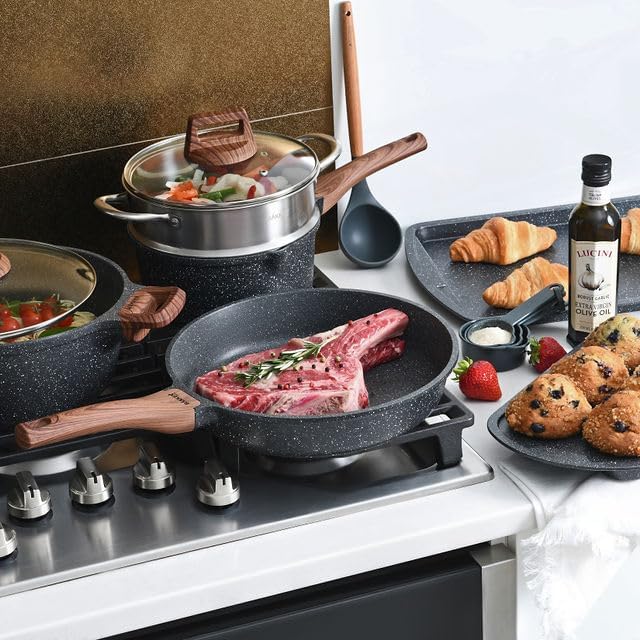 Bakken-Swiss 20-Piece Kitchen Cookware Set – Granite Non-Stick – Eco-Friendly – for All Stoves & Oven-Safe - Marble coating