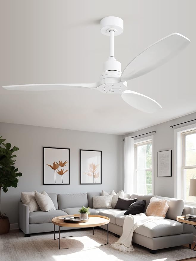 Sofucor 52 Inch Ceiling Fan no Light, Outdoor Indoor Modern White Ceiling Fan with Remote Control and with Reversible Quiet DC Motor, 6 Speed, 3 Downrods, for Farmhouse Bedroom Patio Balcony
