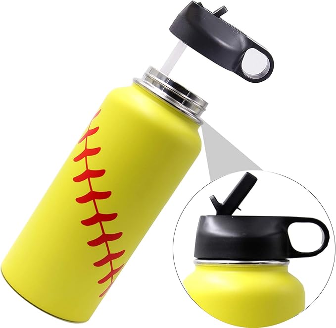 32 oz Softball Water Bottle, Flask Sports with 2 Lids Double Wall Vacuum Insulated Stainless Steel Wide Mouth Hot & Cold Thermo Mug (32oz, Yellow Softball)