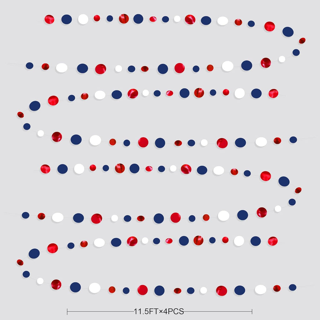 46 Ft Navy Blue Red White Circle Dots Garlands Royal Blue Red Hanging Paper Polka Dots Streamer for 4th of July American Independence Day USA National Day Patriotic Veterans Party Decorations Supplies