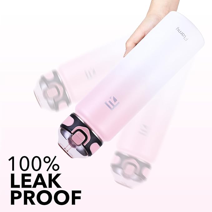 32 oz Insulated Water Bottle with Straw, Stainless Steel Metal Thermos Bottles, Durable Non-Slip Gradient Bottle with Strap for Sports and Travel, Leak Proof (Pink White)