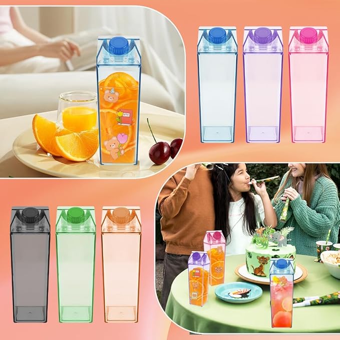 37PCS Milk Carton Square Water Bottle Set, Milk Carton Container 17oz for Refrigerator, Including Straw, Straw Lid, Straw Brush, Sponge Cup Brush, Cup Spout Brush, Label Sticker