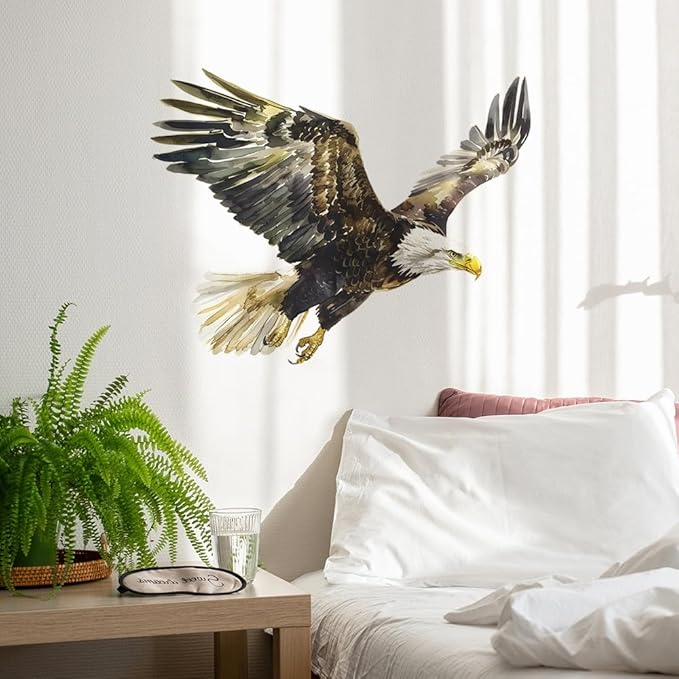 2 PCS Large Eagle Wall Decal Watercolor Flying Bald Eagle Wall Stickers Peel and Stick Removable Animal Wall Art Sticker for Living Room Kids Bedroom Classroom Office Decor