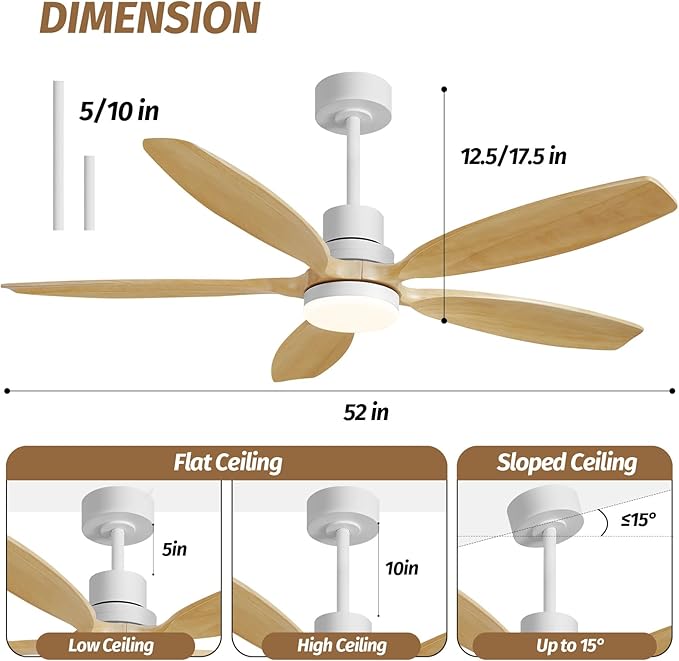 52" Ceiling Fan with Light and Remote,Reversible DC Motor,6Speed,Modern Natural Wood Ceiling Fan with Dimmable LED for Outdoor Patios Bedroom Living Room,Original Walnut and White