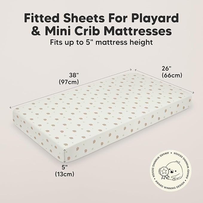 2-Pack Mini Crib Sheets Fitted, Pack and Play Sheets - Organic Cotton Pack N Play Sheets for Pack and Play Mattress, Playard Baby Crib Sheets, Jersey Crib Sheets Neutral for Boys,Girls (Nibbles/Bruce)