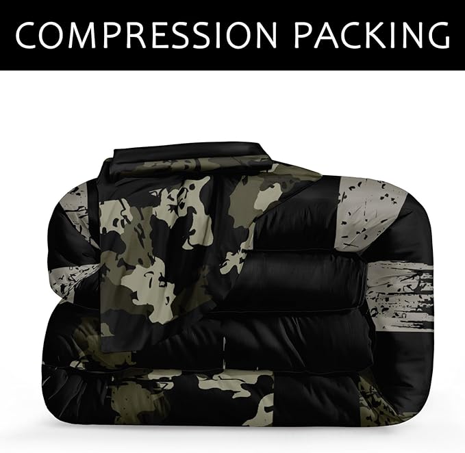 Bedbay American Flag Bed Comforter King Size Camo Comforter Set Black Grey Army Green Camouflage USA Flag Bedding Quilt Set Room Decor for Men 4 Pcs Soft & Lightweight Down Comforter (Camo,King)