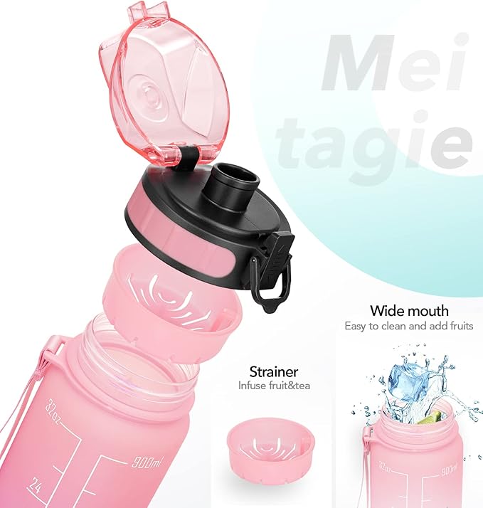 32oz Motivational Water Bottle with Time Marker & Fruit Strainer, Leak-proof BPA Free Non-Toxic Bottle with Carrying Strap, Perfect for Fitness, Gym and Outdoor Sports