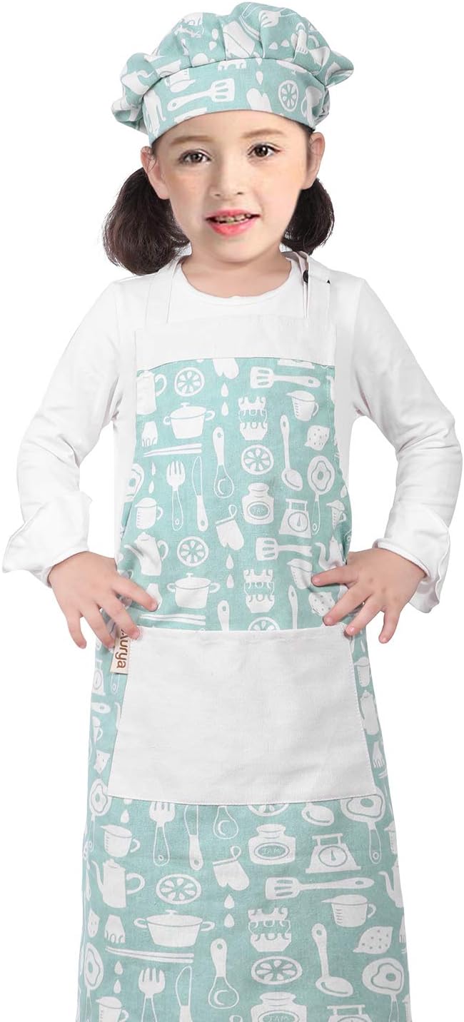 Kids Apron and Chef Hat Set-Adjustable Child Apron for Boys and Girls for Cooking Baking