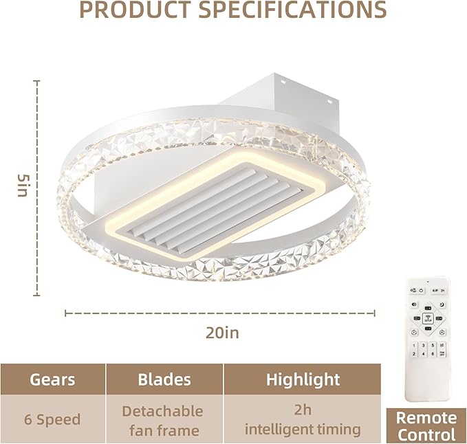 NicBex Ceiling Fan 20 Inch Modern Ceiling Fans with Lights Bladeless Ceiling Fan with Remote Control Round Ceiling Fans with Reversible Motor for Bedroom, Living Room, White