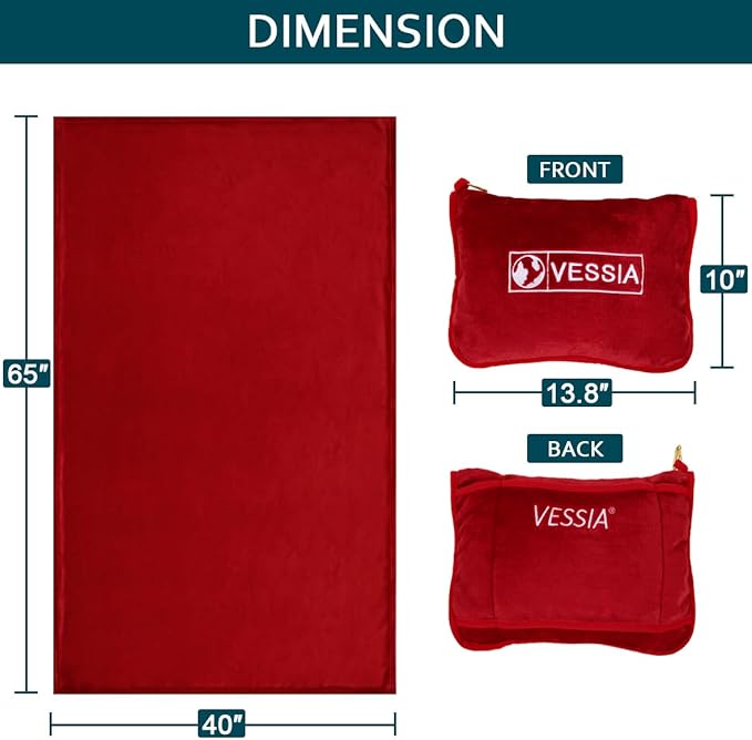 Vessia Travel Blanket for Airplane, Train and Car, Warm and Soft Travel Blanket in Bag for Adults and Kids, Portable Compact Long Flight Blanket with Luggage Sleeve, Backpack Clip(Red)