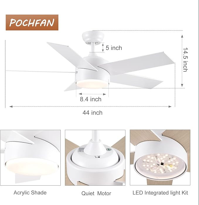 44 inch White Ceiling Fan with Lights and Remote Control, Dimmable Ceiling Fans with Lights,3-Color, Quiet Reversible 6-Speed, Wood Modern Ceiling Fan for Bedroom, Living Room, Dining Room
