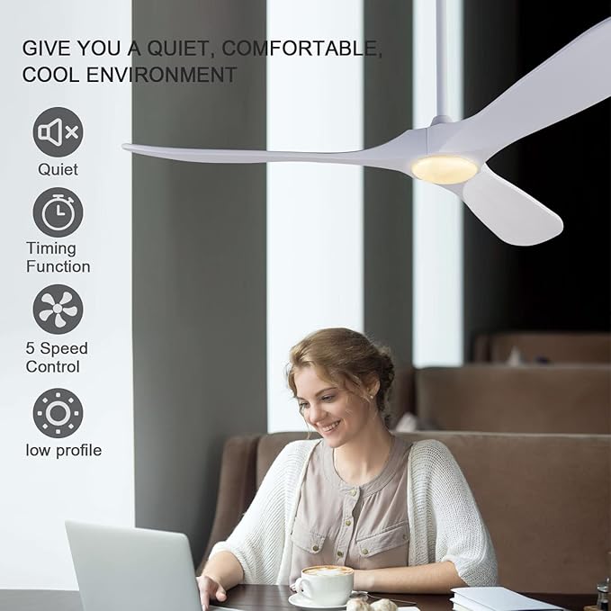 BOJUE Ceiling Fans with Lights 60 Inch Indoor Outdoor Ceiling Fan with Remote Control & 3 Wood Blade,Wood Ceiling Fan for Patio Living Room Bedroom (White Blades)