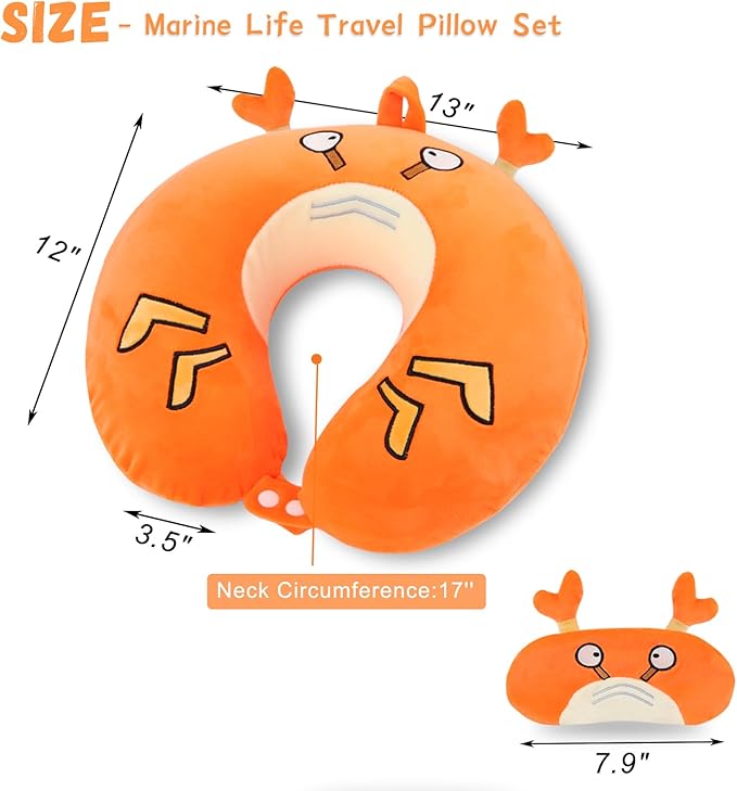 Travel Pillow, Kids Travel Pillow with Sleep Eye Mask, Soft Memory Foam Kids Neck Pillow for Boys & Girls, Travel Accessories for Car Airplane Traveling - Funny Crab