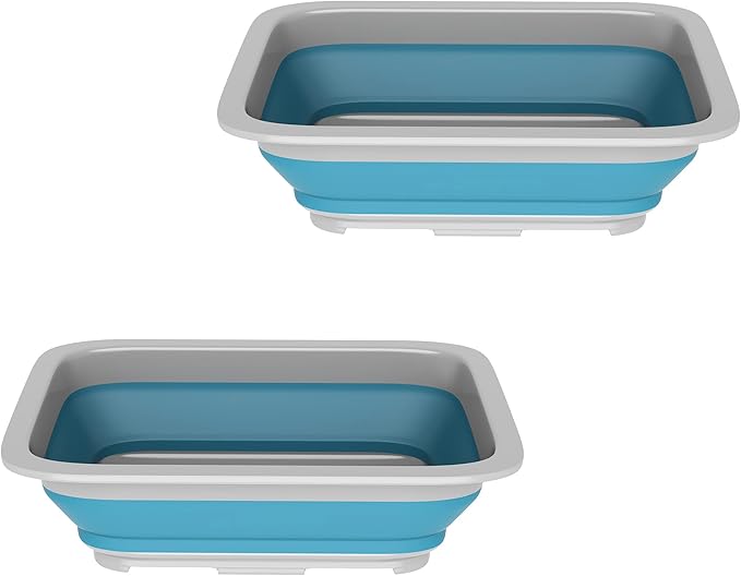 Set of 2 Multipurpose Wash Bins – 10-Liter Basins for Camping, Parties, or Cleaning – Collapsible Bucket Set by Wakeman (Blue)