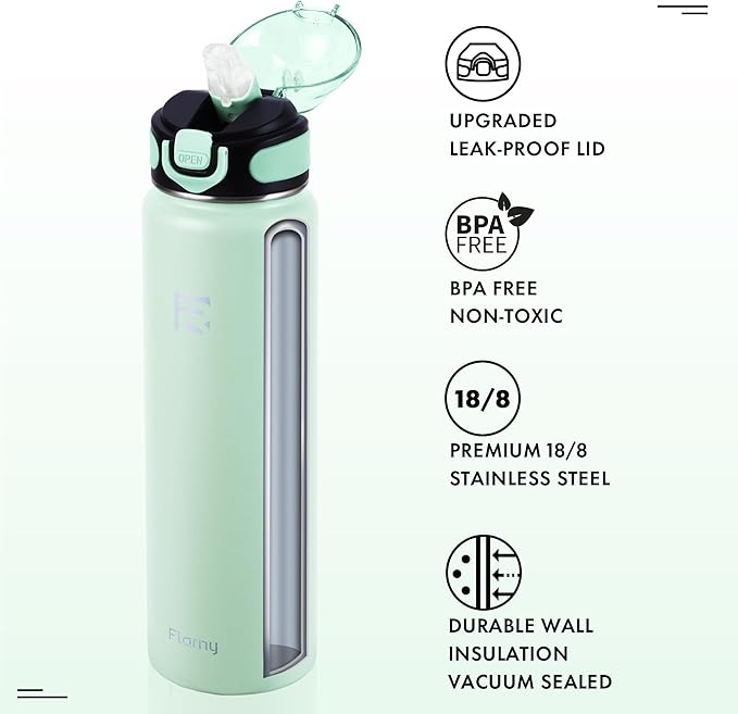 32 oz Insulated Water Bottle with Straw, Stainless Steel Metal Thermos Bottles, Durable Non-Slip Gradient Bottle with Strap for Sports and Travel, Leak Proof (Mint Matte)