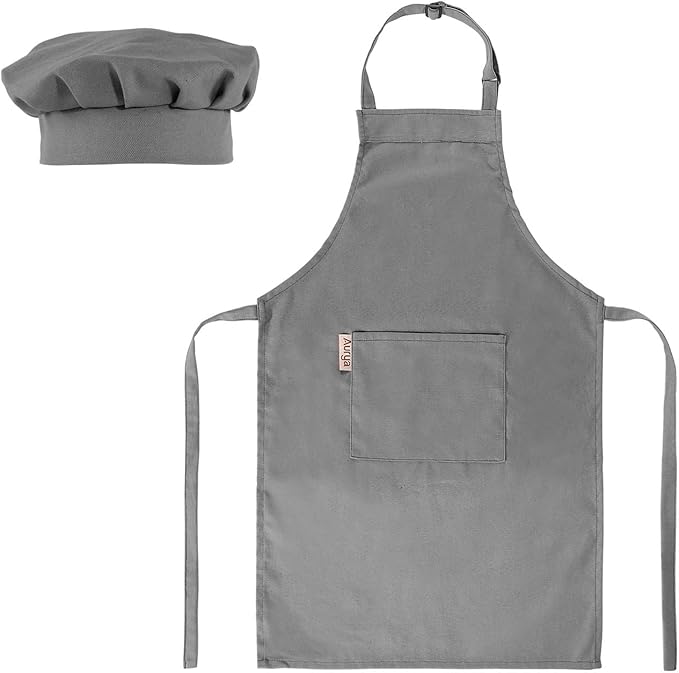Kids Apron and Chef Hat Set-Adjustable Child Apron for Boys and Girls for Cooking Baking Dark Grey