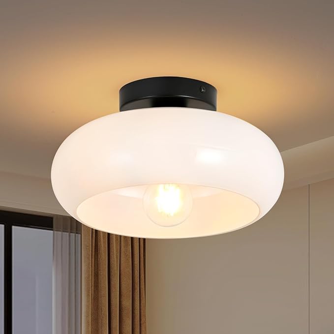 Mid-Century Modern Semi Flush Mount Ceiling Light, Metal Kitchen Light Fixture with Glass Shade,Vintage White and Black Colse to Ceiling Lamp for Entryway Hallway Bathroom (8.66 Inch)
