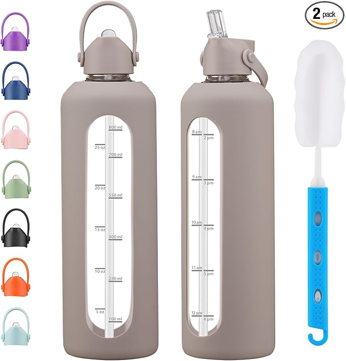 32 oz Glass Water Bottles with Straw Borosilicate Glass Water Bottle with Time Marker Motivational Water Bottles with Silicone Sleeve Leak Proof Reusable BPA Free