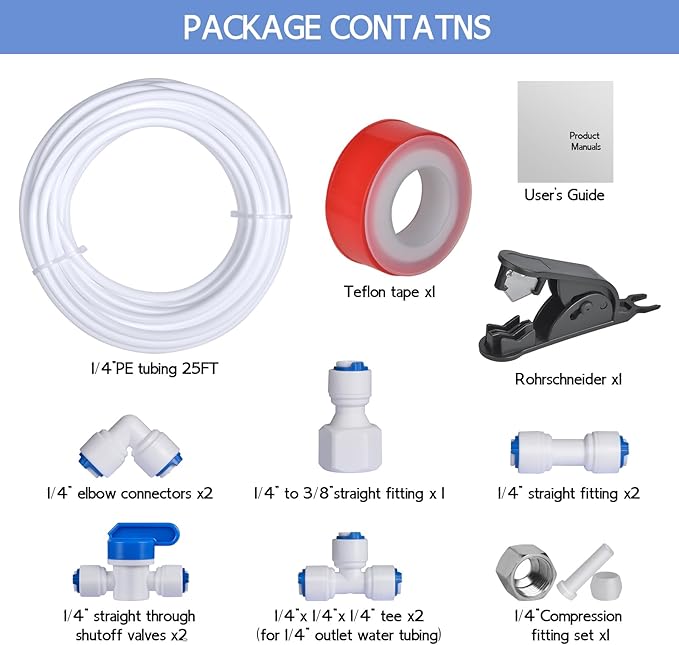 32.8ft Refrigerator Water Line Kit Connection, Compression Ice Maker Installation Kit, 1/4" OD Water Line Kit with Quick Connect Fittings for Fridge Icemaker Reverse Osmosis RO System Water Filter
