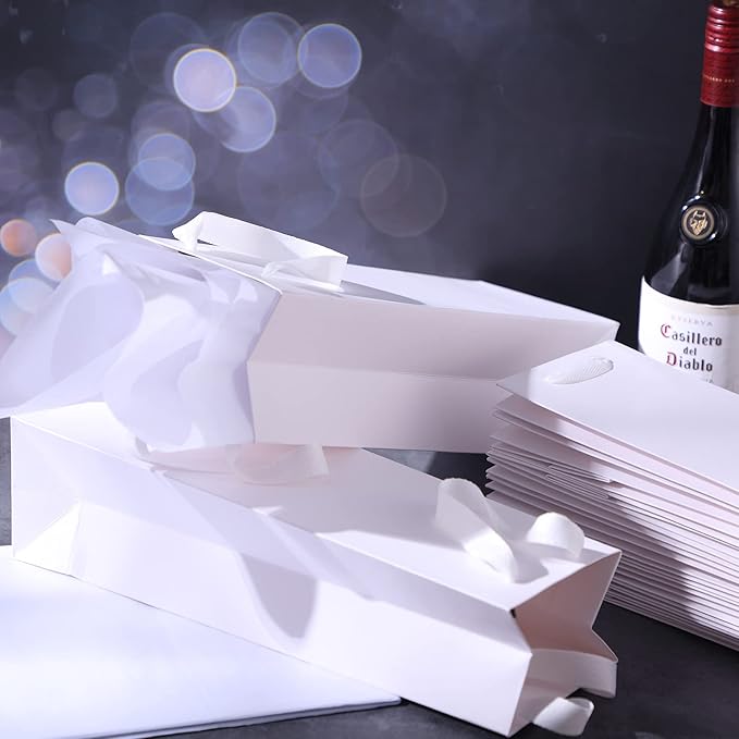 24 Pieces Christmas Kraft Wine Bag Paper Wine Bag, Wine Bottle Bag Holder with Handles with Kraft Tissue Paper Retail Wine Bag Bulk for Wedding Party, 4 x 3.5 x 14 Inch(White)