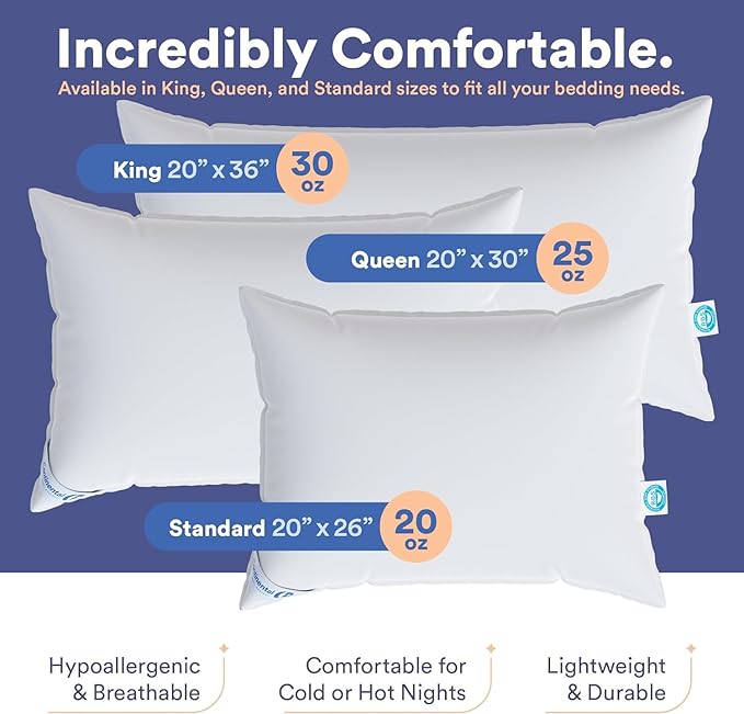 Continental Bedding Medium King Pack of 1 White Down Pillows 30 Ounce 550FP Hotel Down Pillows for Supporting Back Side and Stomach Sleepers
