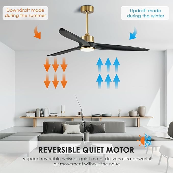 WINGBO Ceiling Fan, 60 Inch DC, 3 Wood Blades, Brass Finish, Remote Control, Reversible, LED Light, ETL Listed