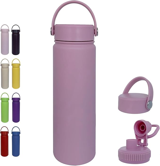22oz Insulated Water Bottle ，Stainless Steel Sports Water Cup Flask with 2 Lids, Wide Mouth Travel Thermal Mug,Outdoor Sports Bottle（Jelly Purple）