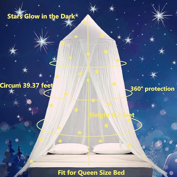 Eimilaly Stars Bed Canopy Glow in The Dark, Bed Canopy for Girls Mosquito Net, Princess Canopy for Girls Bed Room Decor, White