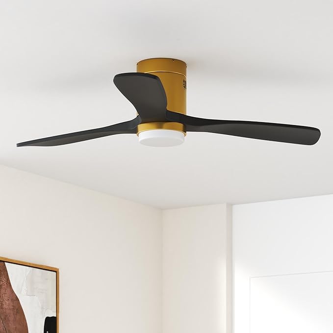 Sofucor Low Profile Ceiling Fan, Flush Mount Ceiling Fan with Lights and Remote Control, 52'' Wood Ceiling Fan with 3 Color Temperature & Adjustable Brightness, Black Wood