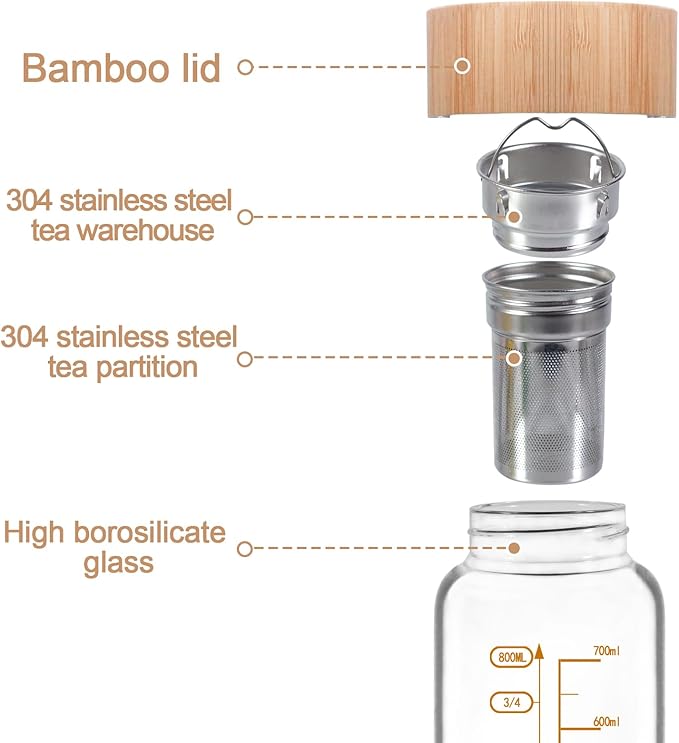 29oz Glass Water Bottle, Leak-Proof, with Stainless Steel Tea Infuser, BPA-Free, Suitable for Office, Car, Gym, and Travel, Reusable, for Hot and Cold Beverages (Circular-29oz)