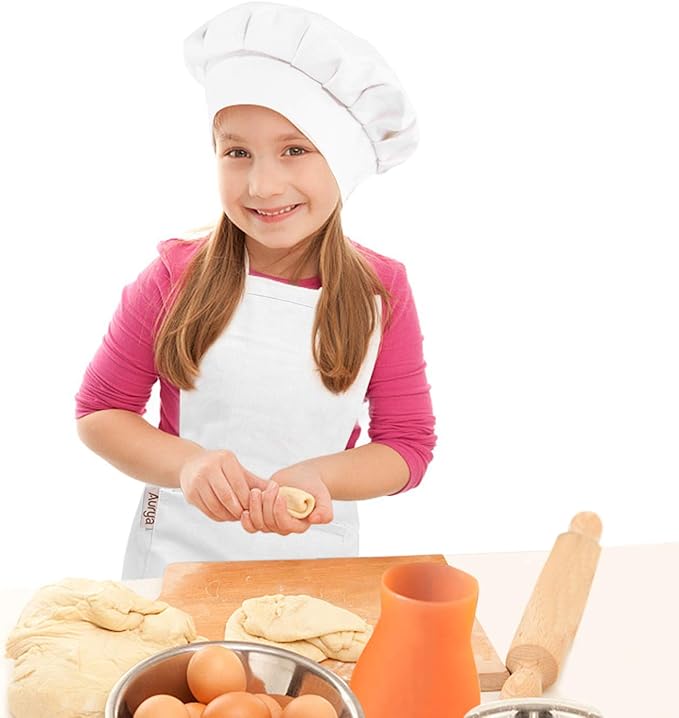 Kids Apron and Chef Hat Set-Adjustable Child Apron for Boys and Girls for Cooking Baking Off-white
